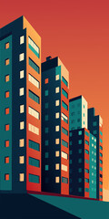A vibrant  illustration of colorful residential apartment buildings lined up against a clear blue sky, showing an urban neighborhood scene with bold colors and simple shapes