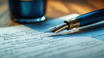 Fototapeta premium In a close-up view, a fountain pen is placed on top of a document in the background of the courtroom.