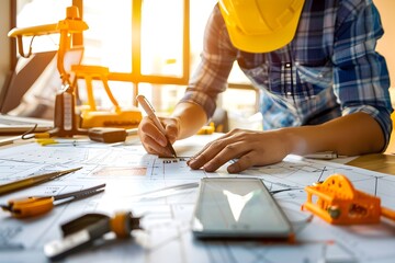 Architect reviewing blueprints.