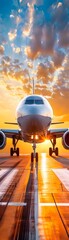 Airplane on Runway at Sunset.