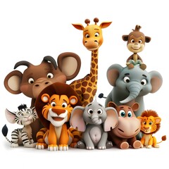 Naklejka premium Forest Animal Collection with Tiger, Lion, Elephant, Mouse, Deer, Black Bear, Giraffe, and Squirrel, Diverse Wildlife in Natural Habitat, Playful Illustration of Animals Coexisting in a Lush Green Env