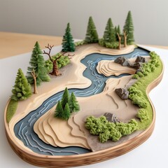 Intricate Miniature Landscape Model with River, Trees, and Rocks - Detailed Diorama of Natural Scenery