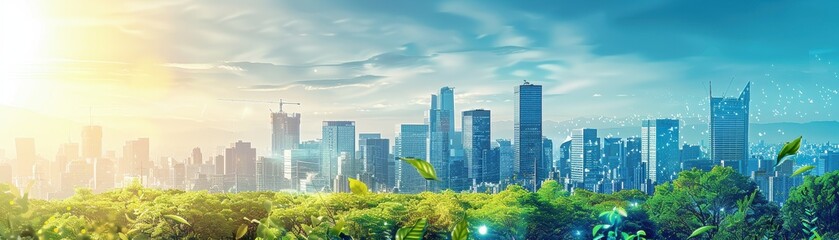 Fototapeta premium Stunning Panoramic View of a Modern City Skyline with Lush Greenery in the Foreground Under a Clear Blue Sky