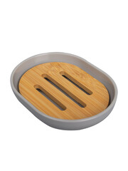 Plastic soap dish with wooden inside part isolated