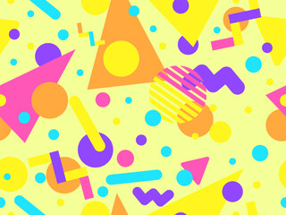 Geometric seamless pattern with memphis elements in 80s style. Colorful geometric pattern. Design of promotional products, wrapping paper and printing. Vector illustration