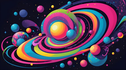 Vibrant psychedelic background featuring swirling neon colors, intricate geometric patterns, and organic shapes. 