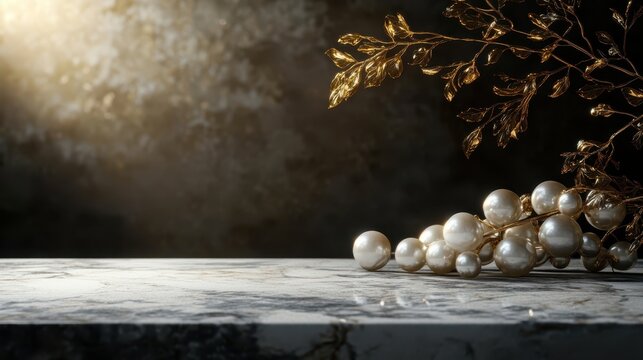 Blank marble table and elegant decoration in black background for product mockup display.