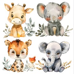 Forest Animal Collection with Tiger, Lion, Elephant, Mouse, Deer, Black Bear, Giraffe, and Squirrel, Diverse Wildlife in Natural Habitat, Playful Illustration of Animals Coexisting in a Lush Green Env