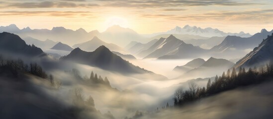 Misty Mountain Range at Sunrise with Fog-Covered Valleys