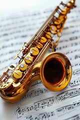 Fototapeta premium Golden Saxophone on Music Sheet
