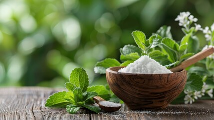 Fresh Stevia Leaves and Natural Sweetener in Wooden Bowl on Rustic Table with Green Blurred Background