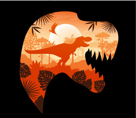 Tyrannosaurus head with t-rex dinosaur silhouette vector double exposure. Jurassic dino animals at sunset with silhouettes of tyrannosaurus rex and quetzalcoatlus, prehistoric jungle palm trees, sun
