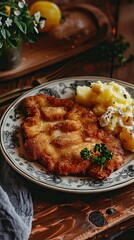 Homemade breaded german weiner schnitzel with potatoes. AI generated illustration