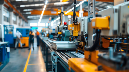 Naklejka premium Factory conveyor belt with industrial equipment and machinery in a