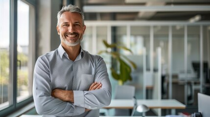 Fototapeta premium Smiling handsome businessman with crossed arms in modern office, middle-aged gray-haired man exuding confidence, business success concept.