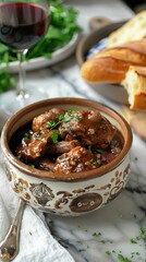 Coq au vin - French dish of chicken, baconm mushrooms and vegetables braised with red wine. AI generated illustration