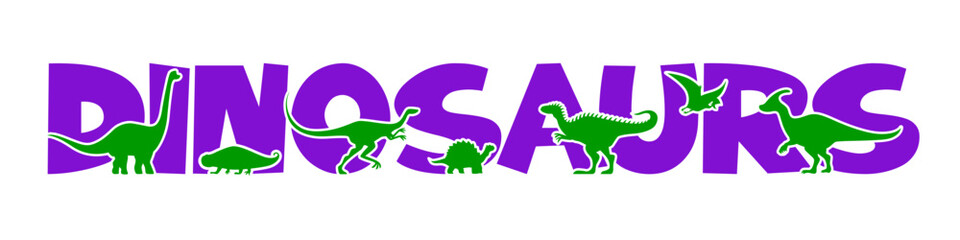 Prehistoric dinosaur silhouettes. Vector lettering or typography word with vibrant purple letters, flanked by a variety of green colored dino shapes or shadows. Prehistoric type for paleontology park