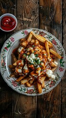 Delicious traditional canadian dish poutine gravy and fries with cheese curd in dark environment. AI generated illustration