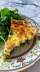 Traditional french pie. Quiche Loraine with mushrooms, broccoli, tomatoes and cheese. top view, in ceramic baking dish on heat-resistant stand. AI generated illustration