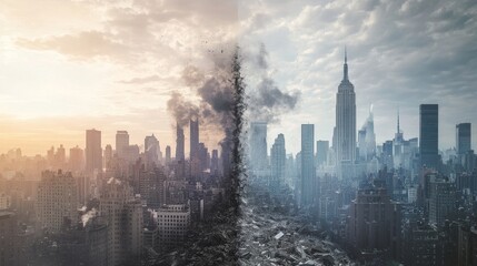 A city skyline split between destruction and peace representing the duality of war's effects