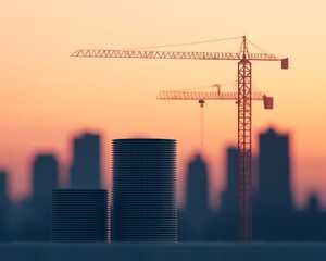 Obraz premium Silhouetted cranes against a vibrant sunset, showcasing urban construction and development in a cityscape.