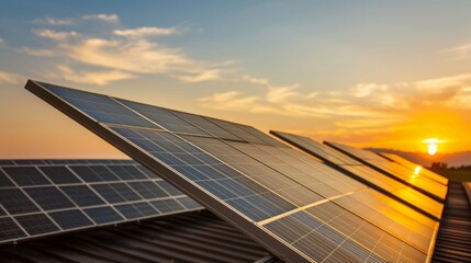 Solar panels capture sunlight during a stunning sunset, showcasing renewable energy and environmental sustainability.