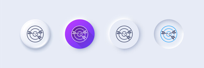 Target line icon. Neumorphic, Purple gradient, 3d pin buttons. Marketing targeting strategy symbol. Aim with arrows sign. Line icons. Neumorphic buttons with outline signs. Vector