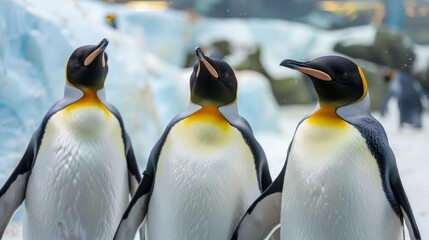 Three majestic emperor penguins standing together against an icy backdrop, showcasing their vibrant colors and unique charm.
