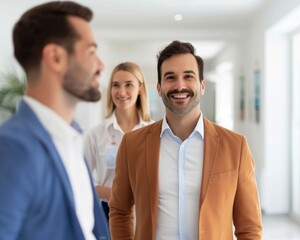 Obraz premium Three professionals engage in a friendly conversation, showcasing teamwork and collaboration in a modern office environment.