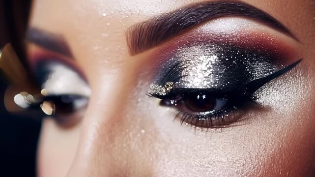 Makeup artist applying silver glitter eyeshadow on a model with a brush, getting her ready for a professional photoshoot