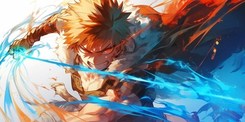 Obraz premium Charismatic Anime-Style Japanese Man: Heroic Warrior in Cool Digital Art Scene for Creative Marketing and Book Illustrations. Dynamic Pose with Sparks, Set Against Vibrant Sky Background. AI-Generated