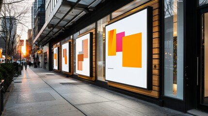 Obraz premium Vibrant urban scene showcasing modern storefronts with colorful advertising displays along a busy city sidewalk at sunset.