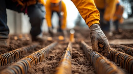 Workers installing rebar in construction site for foundation reinforcement. Focused hands in gloves handling materials.