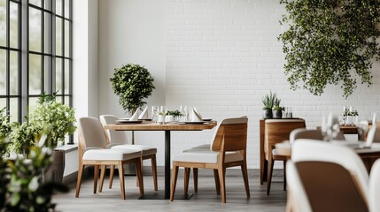 Fototapeta premium Modern dining area with wooden furniture, plants, and natural lighting, creating a warm and inviting atmosphere.