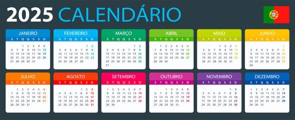 2025 Calendar - vector illustration, Portuguese version