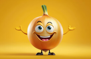 onion with arms, legs and smiling face on yellow background. healthy eating, vegan illustration