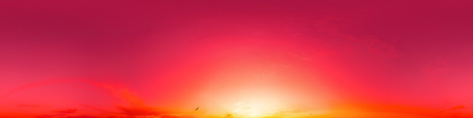 Naklejka premium Golden glowing red orange overcast sunset sky 360 hdr panorama. Seamless spherical equirectangular panorama. Sky dome or zenith for 3D visualization and sky replacement for aerial drone 360 panoramas.