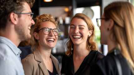 Obraz premium Joyful Friends Laughing Together in Cafe ..