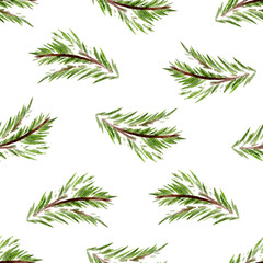 Watercolor Christmas pine tree twigs seamless pattern, new year design background