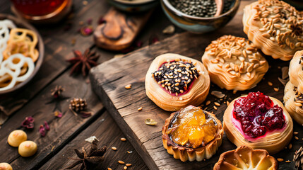 Fototapeta premium Assorted Pastry Delights on Rustic Wooden Board ..