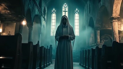 Possessed bloody Nun in a church or temple. Nun possessed by the devil. Evil nun. Horror movie concept. Halloween concept. Portrait of scary devilish nun