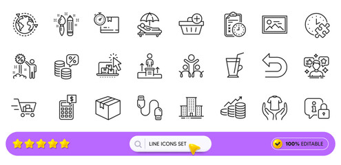 University campus, Photo and Outsourcing line icons for web app. Pack of Puzzle time, Parcel, Social media pictogram icons. Add purchase, Charging cable, Business podium signs. Search bar. Vector