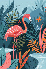 Naklejka premium Pink flamingo in a tropical night scene