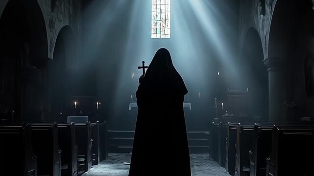 Possessed bloody Nun in a church or temple. Nun possessed by the devil. Evil nun. Horror movie concept. Halloween concept. Portrait of scary devilish nun