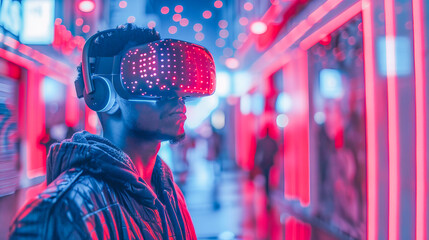 Young man experiencing virtual reality in a metaverse environment