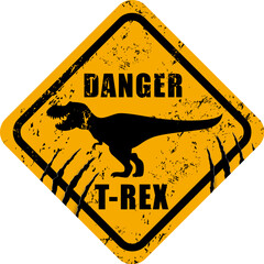 Dinosaur warning sign, claw scratch marks and vector silhouette of tyrannosaurus on grunge yellow diamond sign board. Dinosaur warning sticker, stay away or beware caution label with funny t-rex dino © Vector Tradition