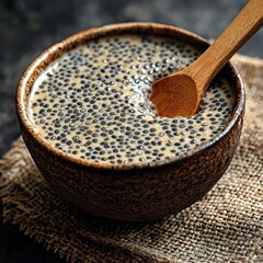 A bowl of creamy chia seed pudding with a wooden spoon, set on a rustic burlap cloth, highlighting the simplicity and healthiness of natural foods, rich and inviting