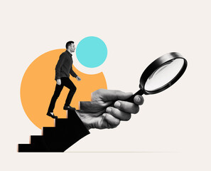 The man steps towards the hand with the magnifying glass. Art collage.