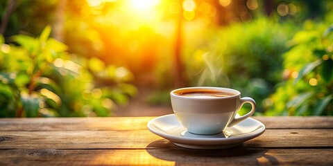 Fototapeta premium Morning light shining on a traditional espresso cup and saucer filled with a freshly brewed coffee, creating a peaceful and inviting scene