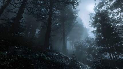 Fototapeta premium Overcast and Gloomy Rainy Day in a Foggy, Primal Forest